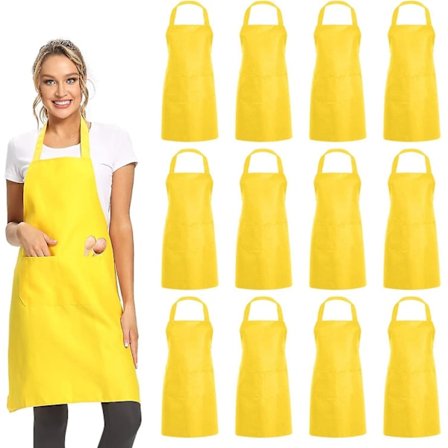 12 Pakk Enkle Bib Forklær Med 2 Lommer - Blå Unisex Kommersiell Forkle Bulk For Kjøkken Matlaging Restaurant Grill Maling Håndverk (GUL)
