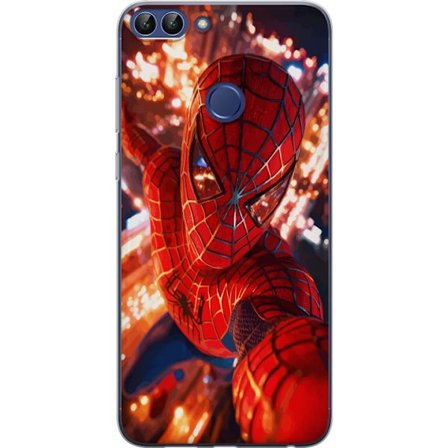 Kompatibelt Mobilskal till Huawei Huawei P smart Spider Man i intensiv action med gnistrande ljus och dynamiskt perspektiv i filmisk superhjältestil
