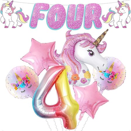 Enhörningsfödelsedagsdekorationer för flickor 4 år - Sifferballonger 4, 100 cm | Stor 110 cm Enhörningshuvudballong, Glitter Four Banner | Enhörning 4