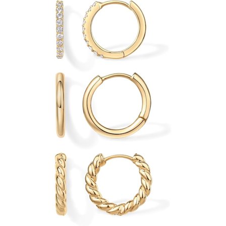 Pläterade Stolpar 3 Par Små Örhängen Set | Kubisk Zirkonia Enkla Rep Huggie Örhängen för Kvinnor | Lätta Örhängen Paket Guld
