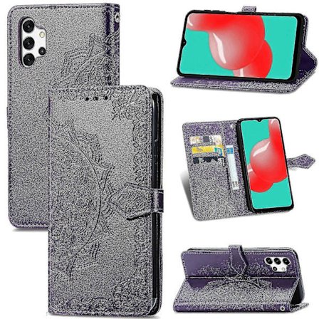 2025 Siste Modell Samsung Galaxy A32 5g Deksel Lær Lommebok Deksel Preget Mandala Magnetisk Flip Beskyttelse Støtsikker - Violett