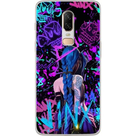 Yhteensopiva Puhelinkuori OnePlus OnePlus 6 Värikäs graffitipiirustus, jossa on sinipäinen hahmo urbaanissa katutaidetyylissä