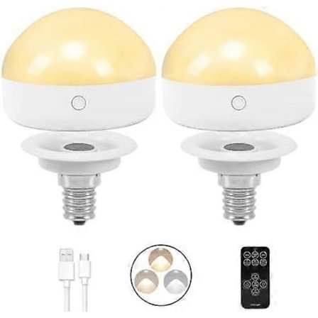 E14 Genopladelig Pære, 2-pak, 300LM, 40W Ækvivalent, Aftagelig Opladning, 3 Farvetemperaturer, Fjernbetjening Puck Nødlampe - Perfekt