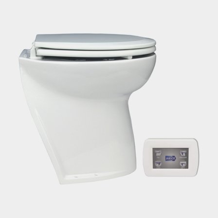 Toaletta elettrica per barca Jabsco Deluxe Flush 17", schienale inclinato, 12 V, tazza grande, per riempimento con acqua di mare + pompa
