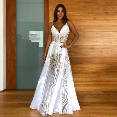 Dam Sexig Deep V Suspender Beach Dress Lång Kjol Vit