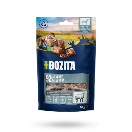 Bozita Snacks Meaty Bites Lamb 70g - Matskåler, Hundegobiter & Tyggeben til hund & katt på Doggie.no