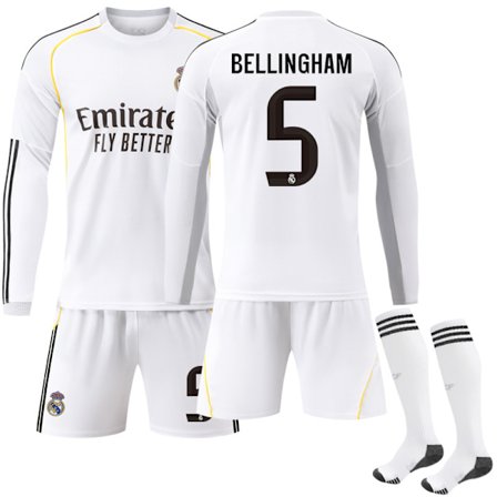 25-26 Real Madrid Hjemmedrakt Barn Voksen Langermet Fotballdrakt Nr. 5 Bellingham