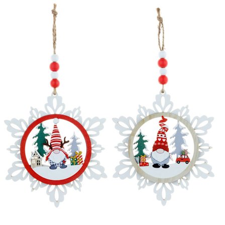2 stk Julenisse trelags tre snøflak ansiktsløse anheng