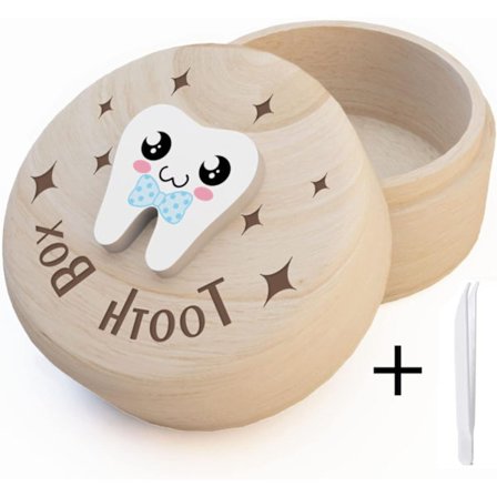 Tandæske i træ til baby, første tand, mindeæske med lille pincet, babyshower-gave til drenge og piger