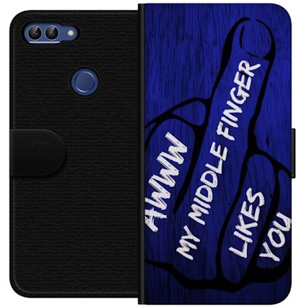 Kompatibelt Lommeboketui til Huawei P smart Mørk typografisk illustrasjon med hjerteform og budskap om vennskap mot dyp blå tretekstur