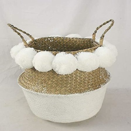 Naturlig sjøgress oppbevaringskurv med pom pom, sammenleggbar og vevd