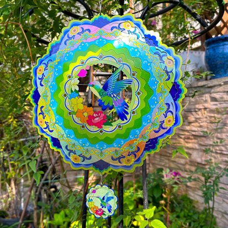 Vindmølle Ute Metall Mandala Kolibri 12 tommer 3D Rustfritt Stål Hage Skulptur 3D Vindmølle Henge Hage Hage Dekor