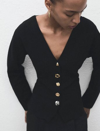 Mango Knitted Jacket With Jewel Buttons - Black - XS