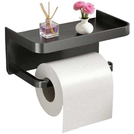 Toalettrullholder med bevegelig stativ - Selvklebende toalettrullholder for badet (svart, firkantet, 18 x 10 x 8 cm)