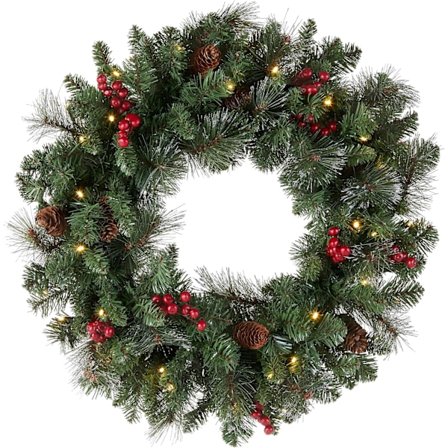 Forudbelyst Kunstig Julekrans, Grøn, Crestwood Gran, Hvide Lys, Dekoreret med Kogler, Bærklaser
