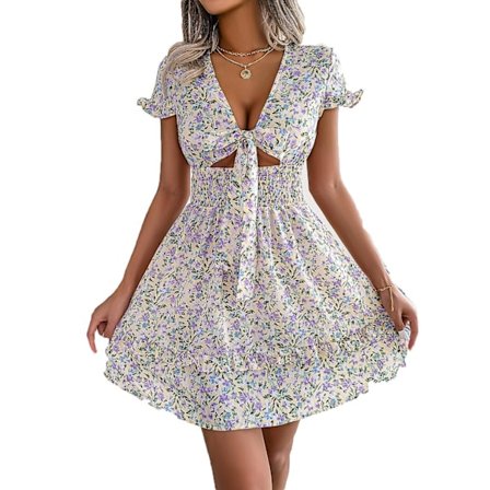 Kvinners Boho Lagdelt Mini Kjole Dyp V-hals Sløyfe foran Utsvingt Kjole W