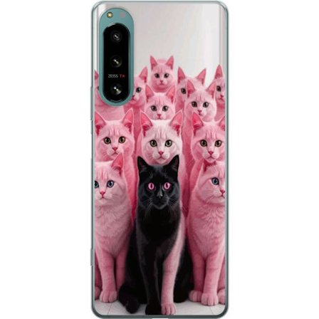 Kompatibelt Mobilskal till Sony Sony Xperia 5 IV Svart katt bland rosa katter humoristisk kontrastdesign med lekfull färg och charmig karaktär