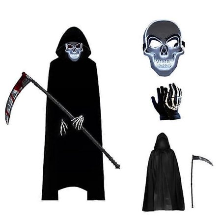 Halloween Kostyme, Grim Reaper Halloween Sett med Dødssense, Skjelettmaske og Skjeletthansker, Svart Hette Cape Unisex Halloween Kostyme Karneval
