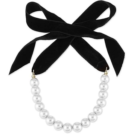 Svart Halsband Sammet Långt Band Rosett Pärla Rosett Handgjord (1 Styck, Svart)