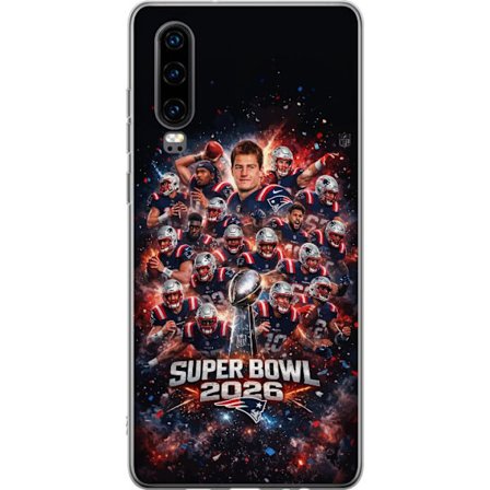 Yhteensopiva Puhelinkuori Huawei P30 Super Bowl 2026 juliste, jossa New England Patriots ja NFL-mestaruuspalkinto räjähtävän urheilullisessa suunnitte