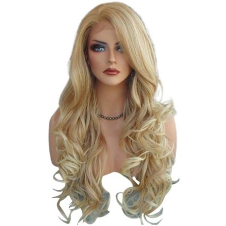 TG Värme OK Vågigt Långt Mänskligt Hår Blandning Full Peruk Blond Duet Mix Lugg