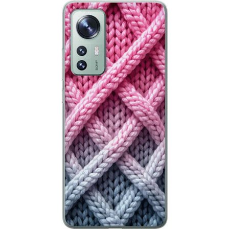 Yhteensopiva Puhelinkuori Xiaomi 12 Lähikuva kudotusta tekstiilikuviosta vaaleanpunaisissa, harmaissa ja valkoisissa sävyissä, joissa on tuntoaisti