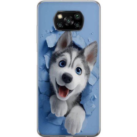 Xiaomi Poco X3 NFC Läpinäkyvä kuori Söpö ja realistinen husky-pentu joka puhkeaa läpi seinässä hurmaavalla eläinaiheisella kuvioinnilla, täy