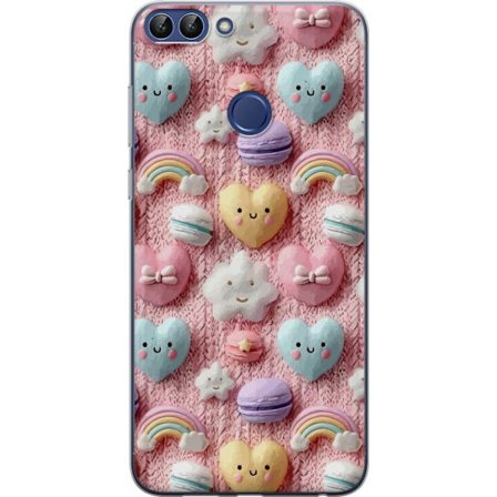 Yhteensopiva Puhelinkuori Huawei P smart Pastellimotiiivi sydämillä, pilvillä, sateenkaarilla ja makaronseilla vaaleanpunaisella taustalla suloisessa