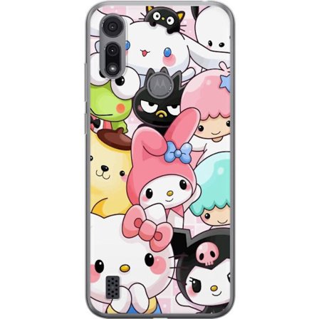 Yhteensopiva Puhelinkuori Motorola Moto E6i Tiheä kuvio suloisia hahmoja, joilla on suuret silmät eri väreissä ja ilmeissä LABUBU-tekstillä