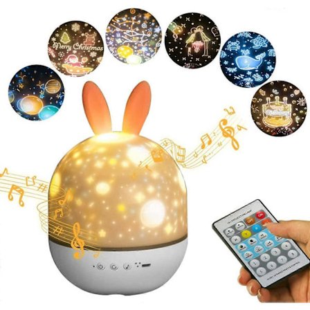 Baby Projektor Natlampe, LED Børne Natlampe Musiklys 360 Rotation, 8 Sange, 6 Projicerende Film, Stjerne Børne Projektor Lys