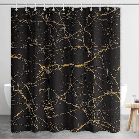 Marmor Duschdraperi för Badrum, Modernt Svart och Guld Duschdraperi, Vattentätt Tyg Badrumsdraperi Set med 12 Krokar, 183 x 183 cm