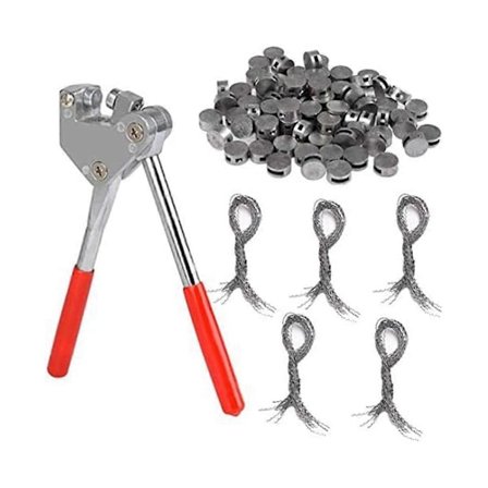 100 stk. Runde Blyforseglinger Bønner 8 mm Diameter, 100 stk. Ståltråd, 1 stk. Forseglingskrymper med Rød Plast