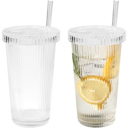 2 st Tumblers med lock och sugrör 380ML Glas Tumblers med lock och sugrör Återanvändbara glasmuggar, Resemuggar (Transparent)
