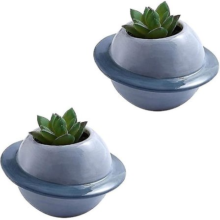 Sæt af 2 Keramik Blomsterpotter - Til Sukkulenter - Kreativ - Mini Planet - Dekorativ Blomst