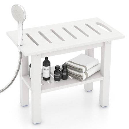 COSTWAY Vattentålig Badstol, Duschbänk med 2 Nivåer och Förvaringshylla, Snabbtorkande, 55 x 30 x 45 cm, Vit