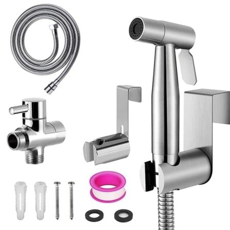 Bidetarmatur – Håndholdt bidetsprøjte i rustfrit stål med slange og afspærringsventil