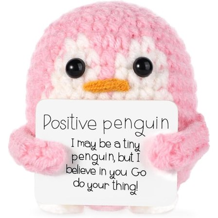Mini Hauska Positiivinen Pingviini, Neulottu Lelu Positiivisella Kortilla Emotionaalinen Tuki Virkattu Nukke Kannustuslahja Perheelle Ystäville