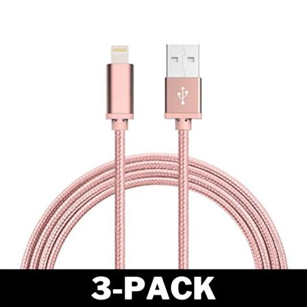 1M Kabel iPhone Laddare Nylon Quick Charge Rosé Guld 3-Pack