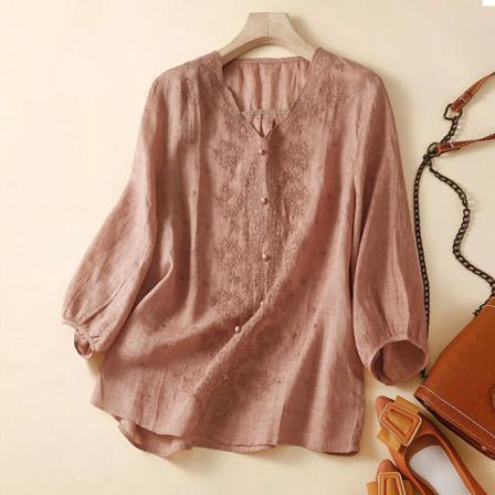 Kvinnor Långärmad Enfärgade Knappar Pullover V-ringad T-shirt