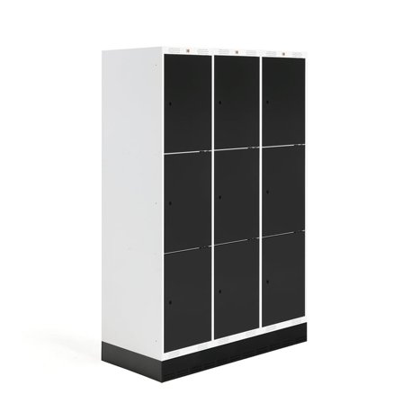 Student locker ROZ, 3 modules, 9 doors, 1890x1200x550 mm, black, incl. base
