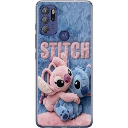 Kompatibelt Mobilskal till Motorola Motorola Moto G60S Söta fluffiga Stitch och Angel kramas på ett mjukt pälsigt underlag med pastellfärger som s