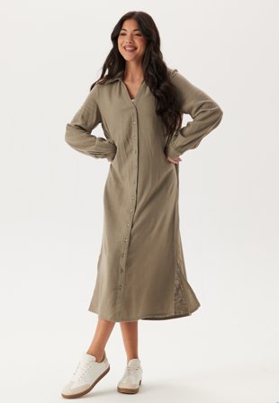 Happy Holly - Linen Shirt Dress - Khaki green - Kläder - - Bubbleroom