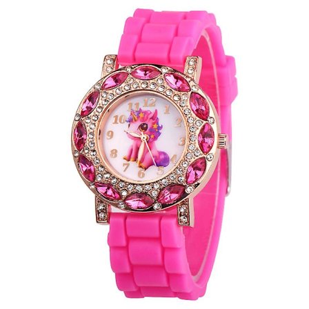 2023 Watch Quartz Armbandsur för flickor Student Tecknad Odjuret Häst Barn Barn Silikonrem Present Present Rose Red