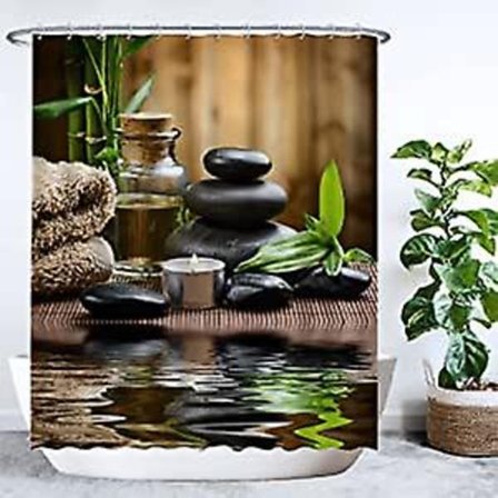 Duschdraperi - Zen Spa Meditation Rost Natur - 180 x 200 cm - Tvättbar - Anti Mögel - med Ringar - Grön Beige Svart