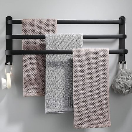 Vanntett svart håndklestativ - 3-lags veggmontert med kroker