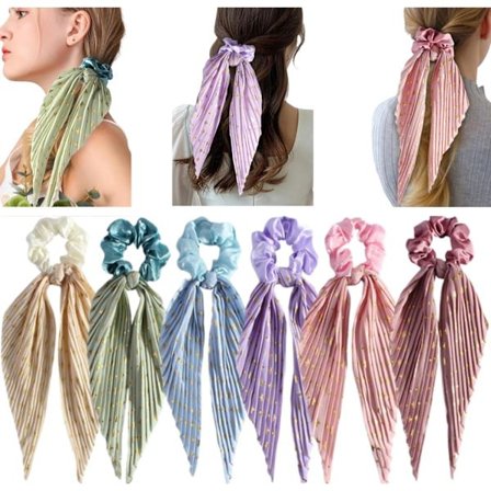 Farverige knyttede hårbuer lange satin glitter hårelastikker til hestehaler hårtilbehør til kvinder piger 6 stk