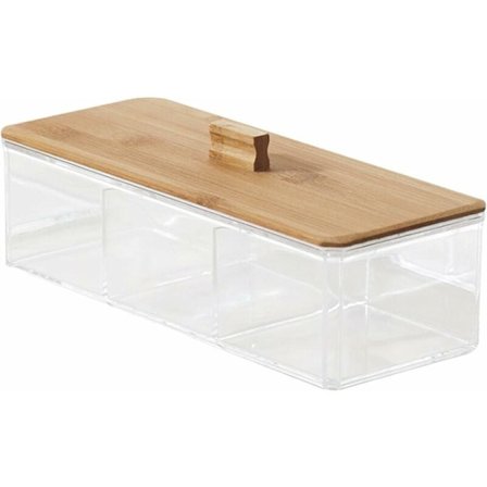 Makeup Organizer Akryl Bomuldsstand med Bambus Dæksel Bomuldspind Dispenser Badeværelsestilbehør Opbevaringsboks