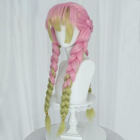 Anime vaaleanpunainen ja vihreä peruukki Mitsuri Cosplay -punottuun hiusperuukkiin letteillä Halloween-juhliin peruukki + myssy, wz-2055 (FMY)