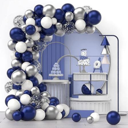 Marinblå Silver Vit Konfetti Ballonger Båge Kit, 120 st 12in 10in 5in Latex Girlang Bågar Kit För Graduation, Födelsedag, Bröllop, Jubileum, Cele