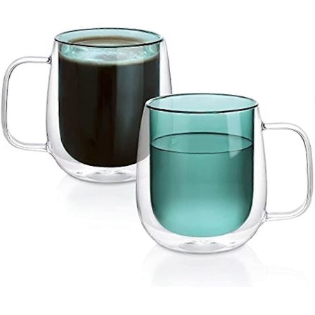 400 ml Dubbelväggiga Glasmuggar - Set med 2 Färgade Glas Isolerade Kaffemuggar - Stora Gröna Dubbelväggiga Dricksglas med Handtag för Cappuccino